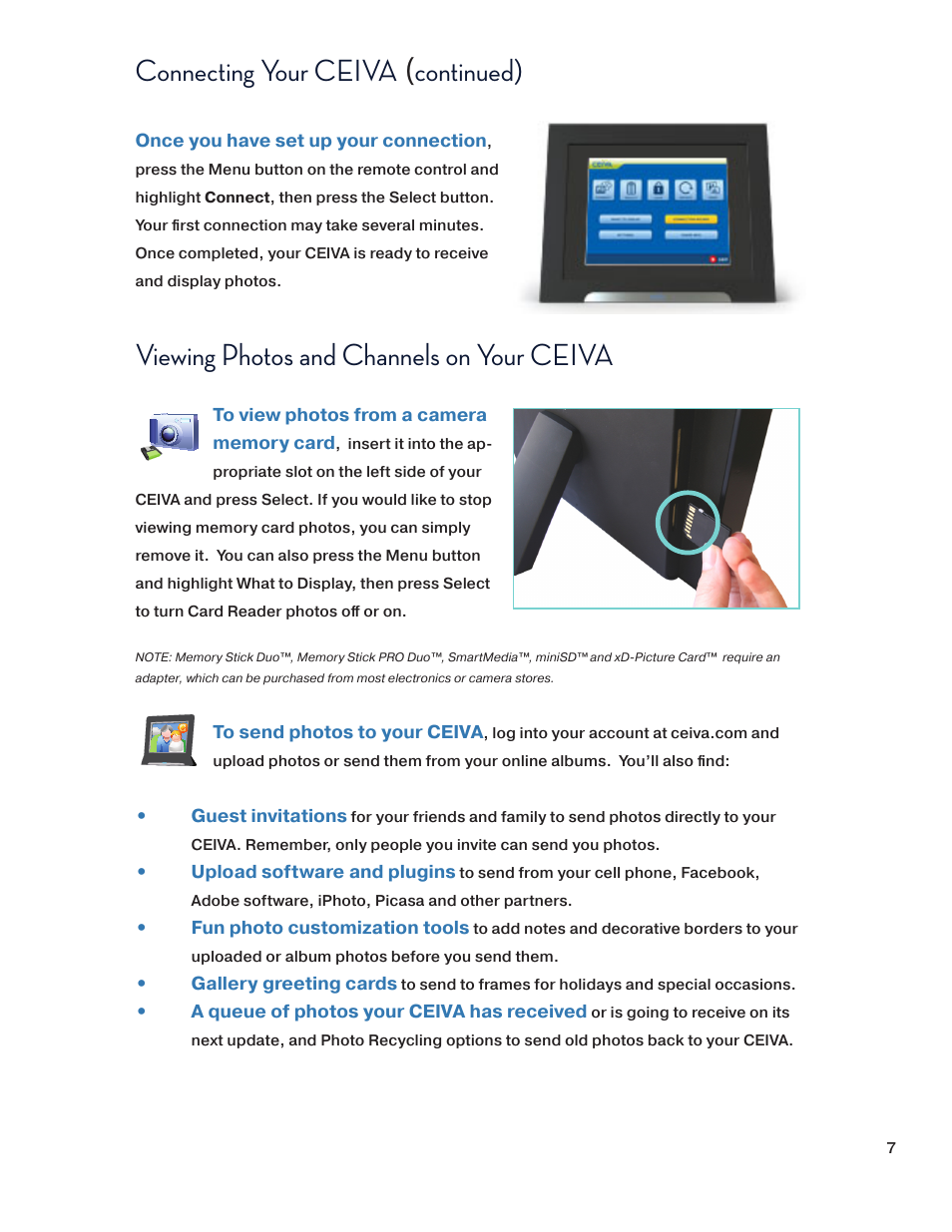 Connecting your ceiva, Continued), Viewing photos and channels on your ceiva | Ceiva SHR508A-US User Manual | Page 7 / 22