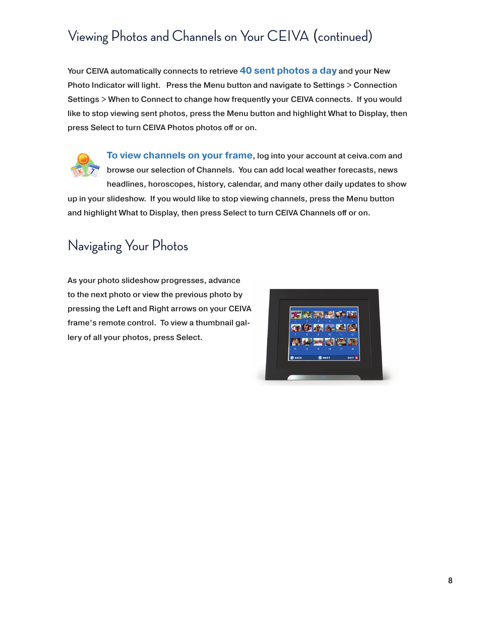 Navigating your photos, Viewing photos and channels on your ceiva, Continued) | Ceiva SHR508A-US User Manual | Page 8 / 22