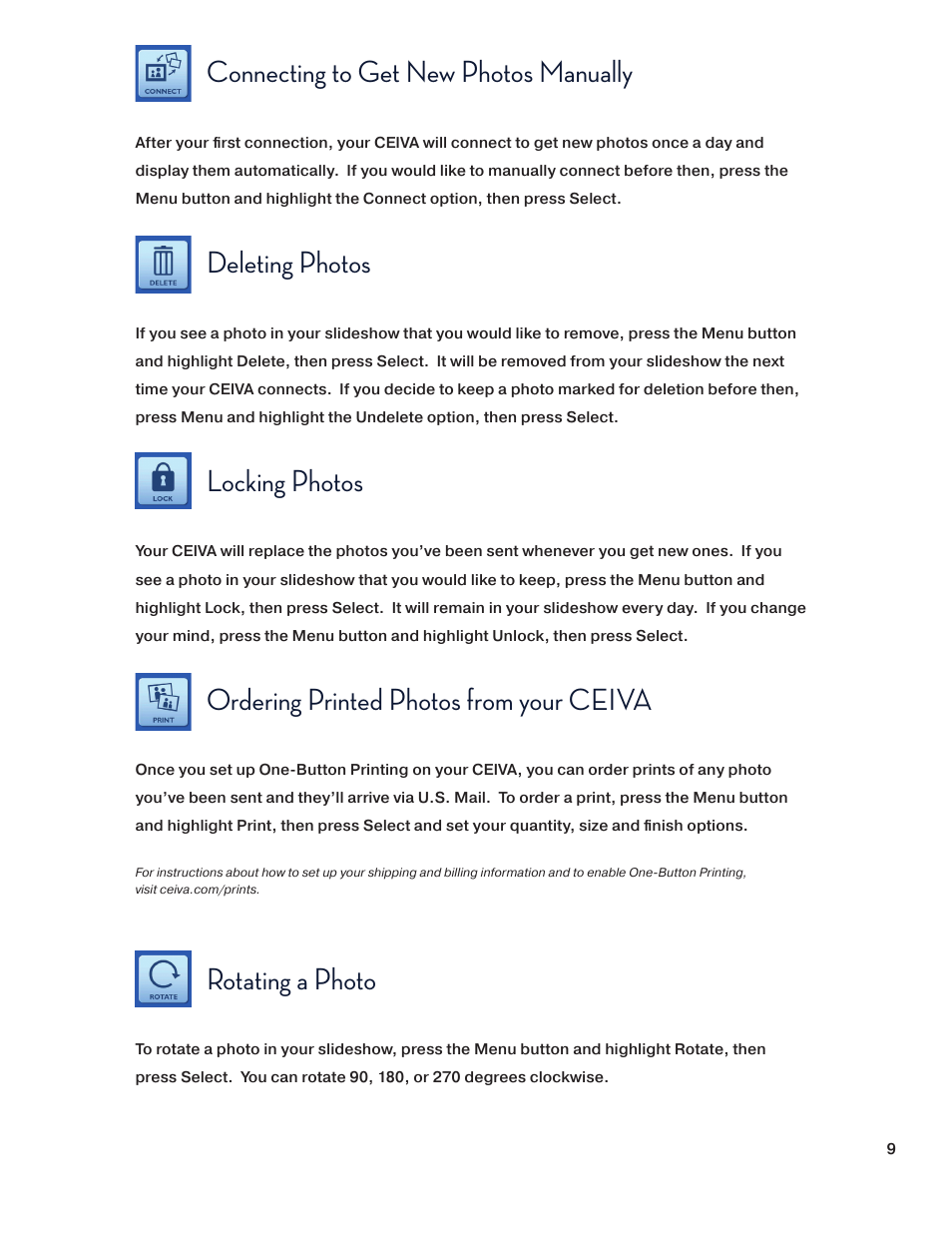 Connecting to get new photos manually, Deleting photos, Locking photos | Ordering printed photos from your ceiva, Rotating a photo | Ceiva SHR508A-US User Manual | Page 9 / 22