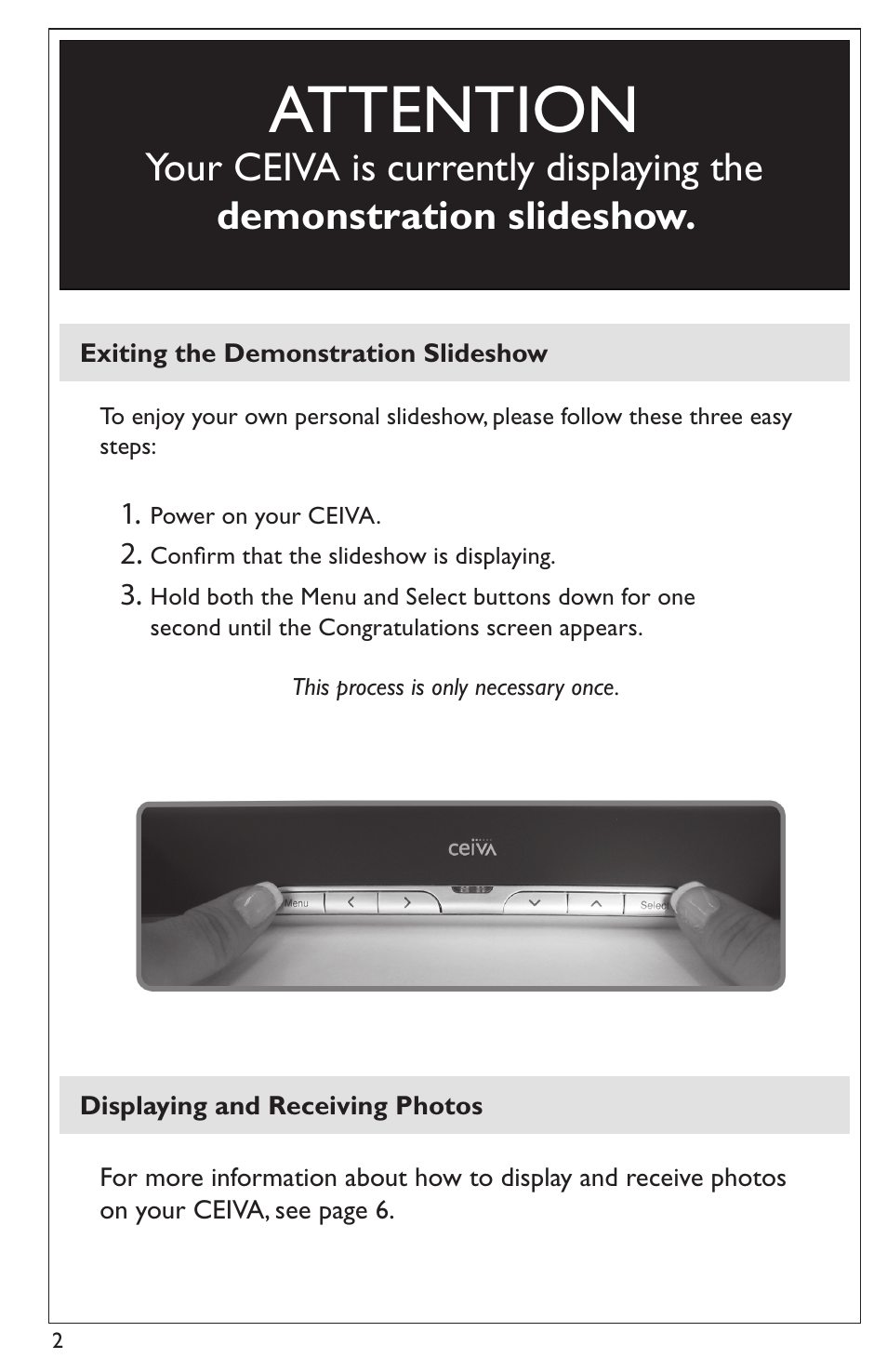 Exiting the demonstration slideshow, Attention | Ceiva LF4007 User Manual | Page 2 / 12