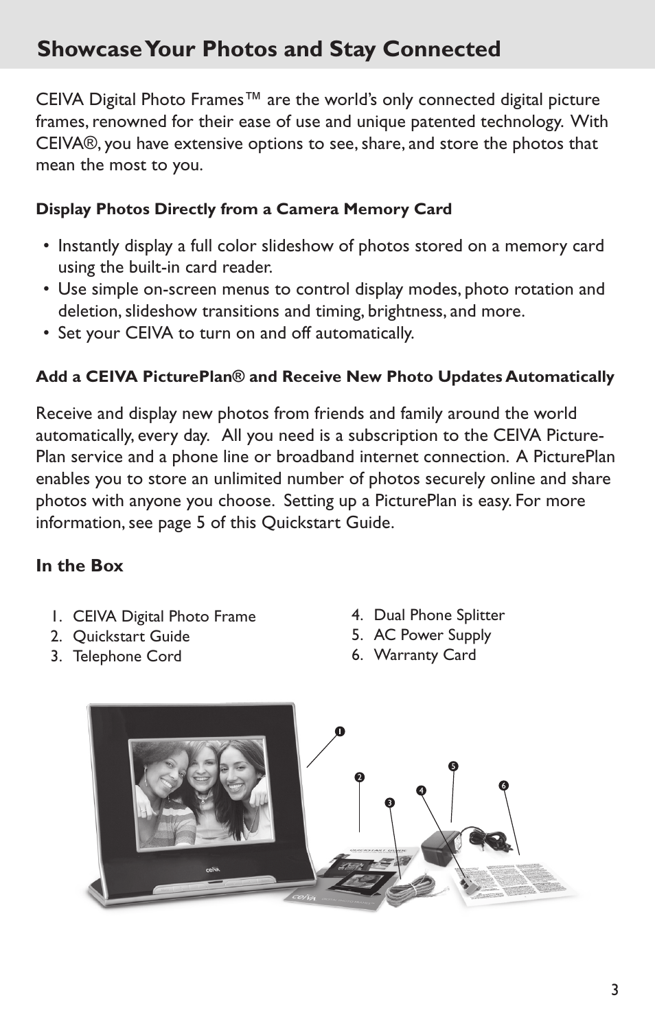 Showcase your photos and stay connected, Display photos directly from a camera memory card, In the box | Ceiva LF4007 User Manual | Page 3 / 12