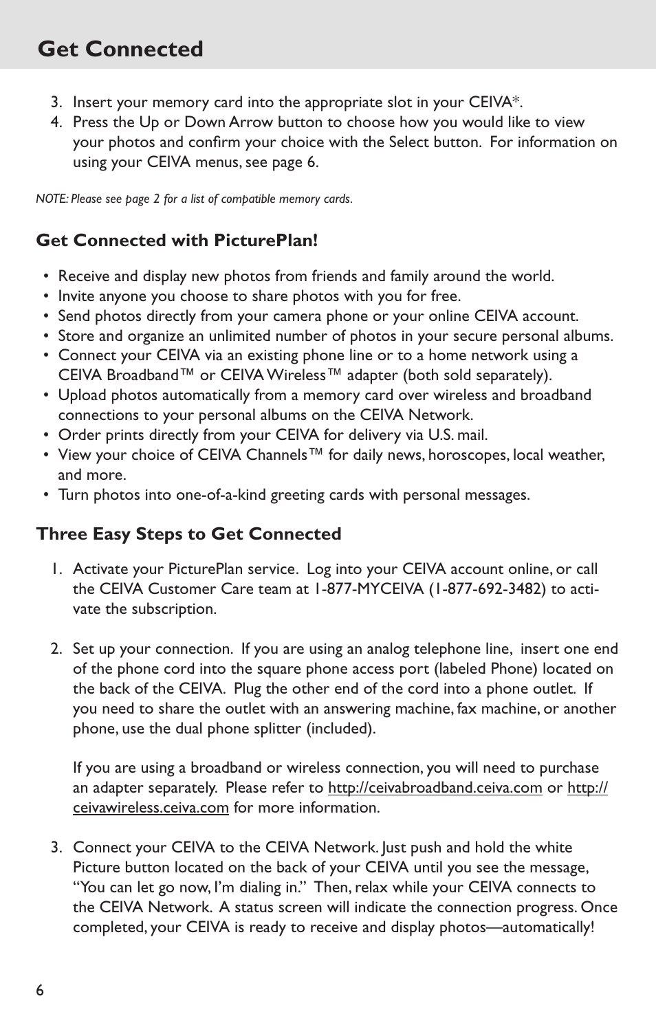 Set up your ceiva to display pictures, Get connected, Get connected with pictureplan | Three easy steps to get connected, Get connected operating your ceiva | Ceiva LF4007 User Manual | Page 6 / 12