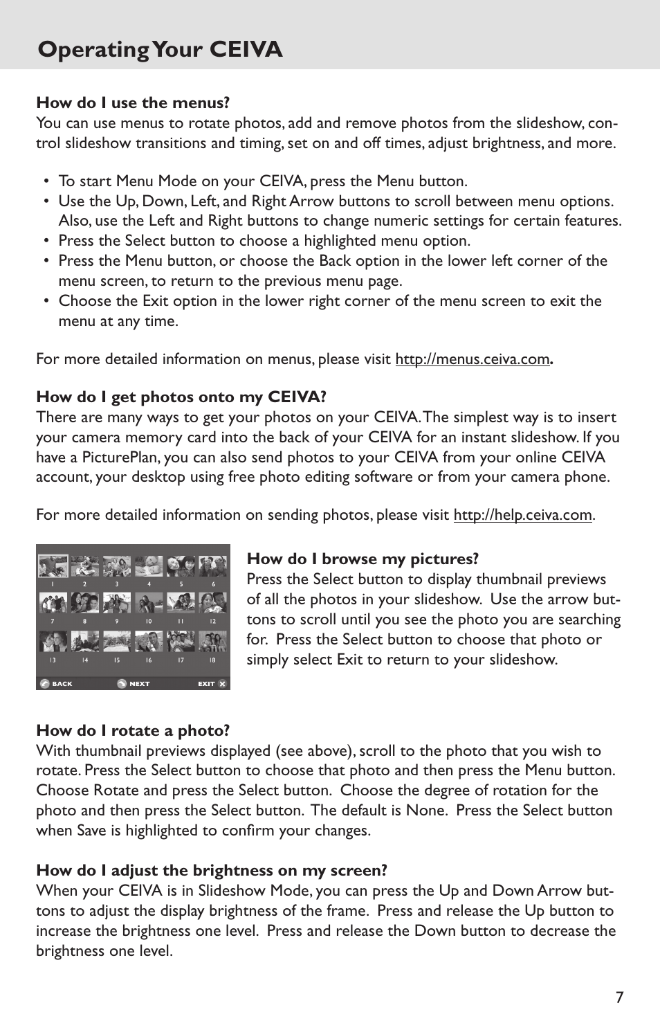 Operating your ceiva, How do i use the menus, How do i get photos onto my ceiva | How do i browse my pictures, Get connected operating your ceiva | Ceiva LF4007 User Manual | Page 7 / 12
