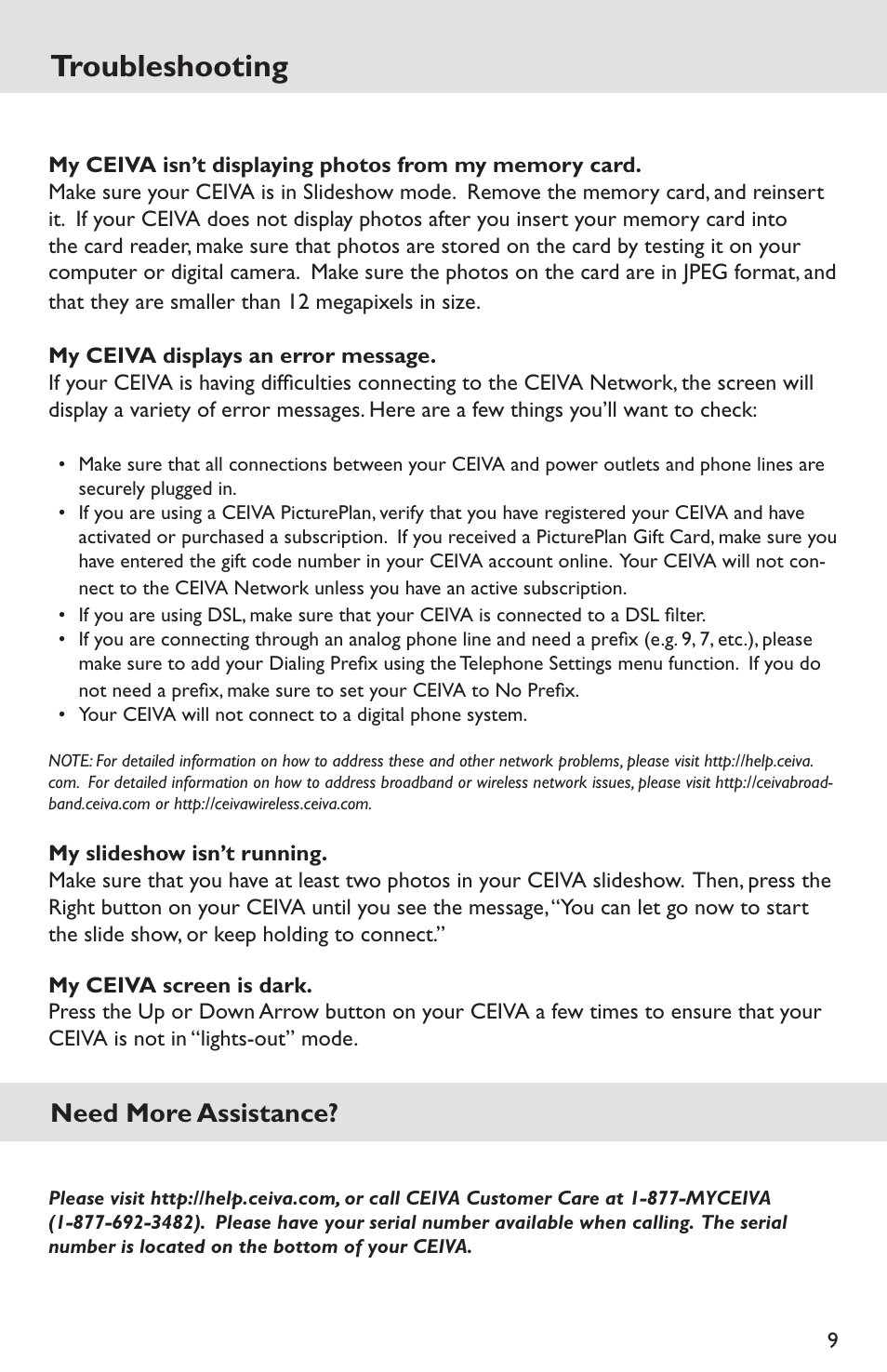 Troubleshooting, My ceiva displays an error message, My slideshow isn't running | Need more assistance | Ceiva LF4007 User Manual | Page 9 / 12