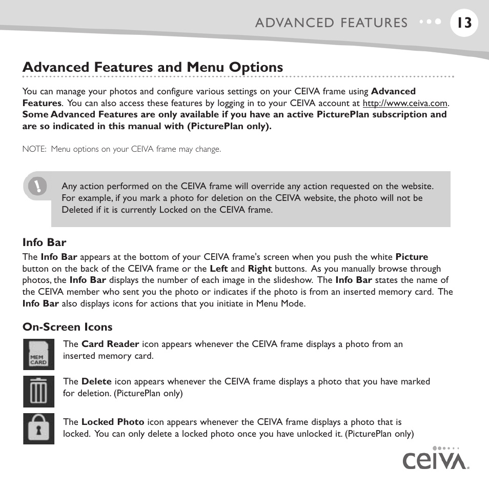 Advanced features and menu options, Advanced features | Ceiva LF4008 User Manual | Page 14 / 37