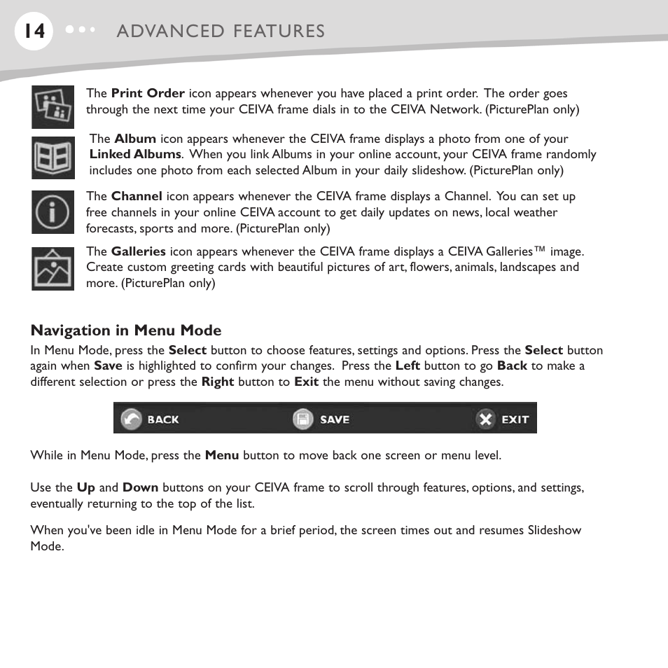 Advanced features | Ceiva LF4008 User Manual | Page 15 / 37