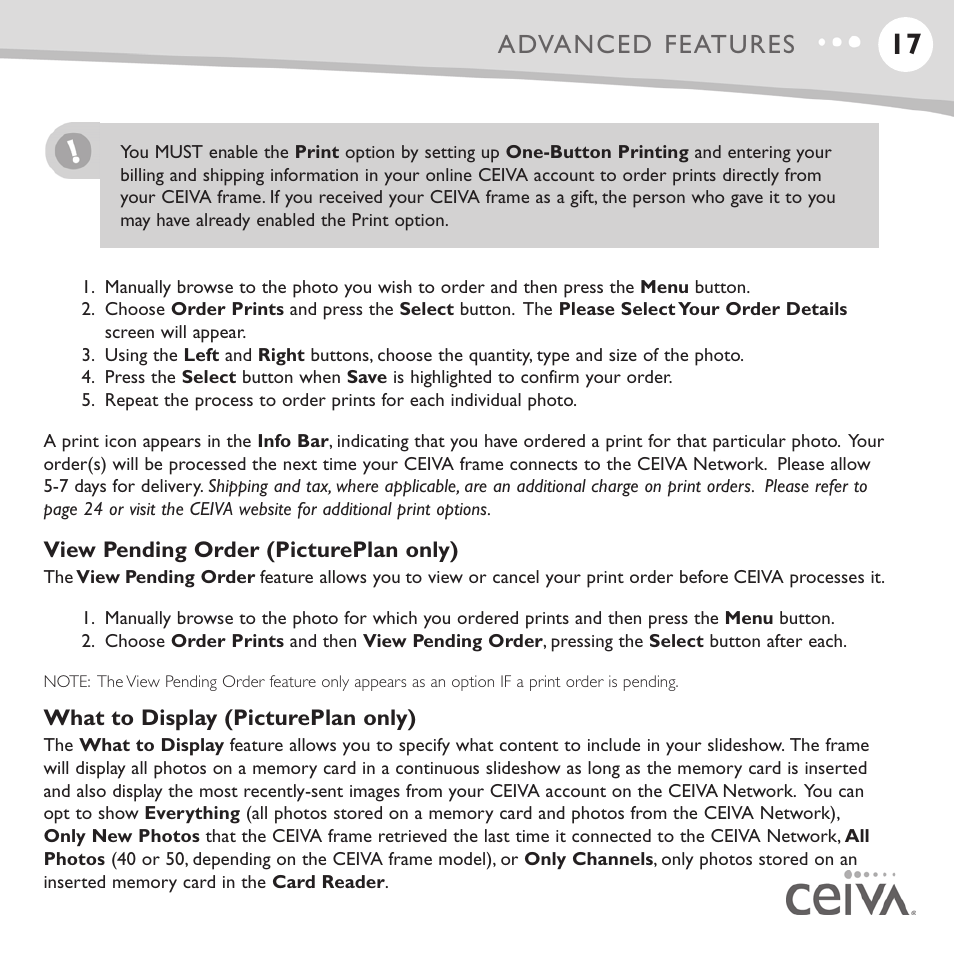 Advanced features | Ceiva LF4008 User Manual | Page 18 / 37
