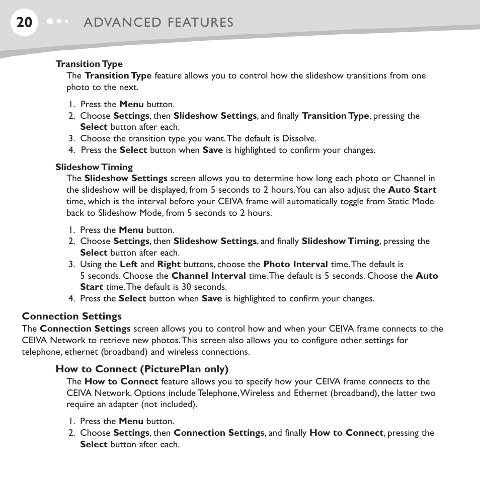 Advanced features | Ceiva LF4008 User Manual | Page 21 / 37