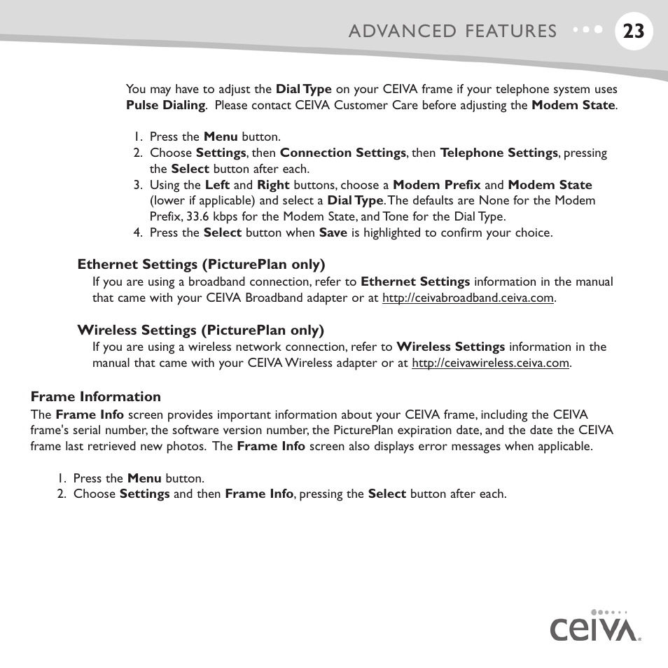 Advanced features | Ceiva LF4008 User Manual | Page 24 / 37