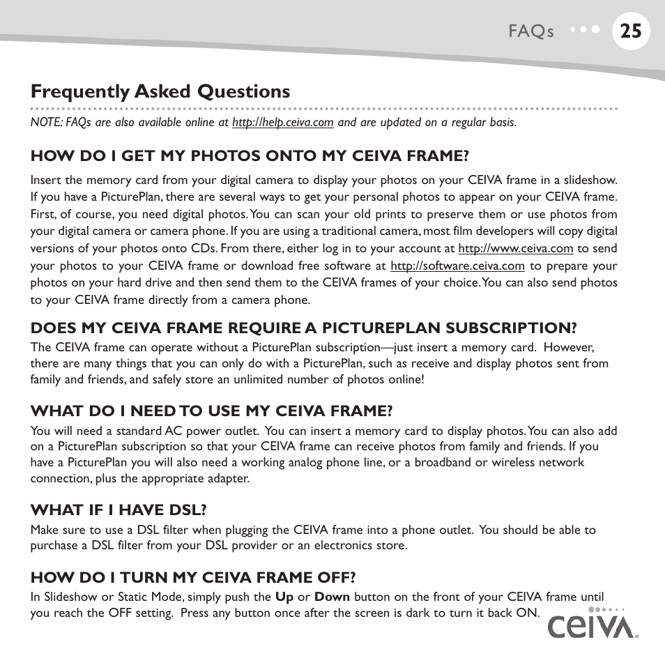 Frequently asked questions, Faqs | Ceiva LF4008 User Manual | Page 26 / 37