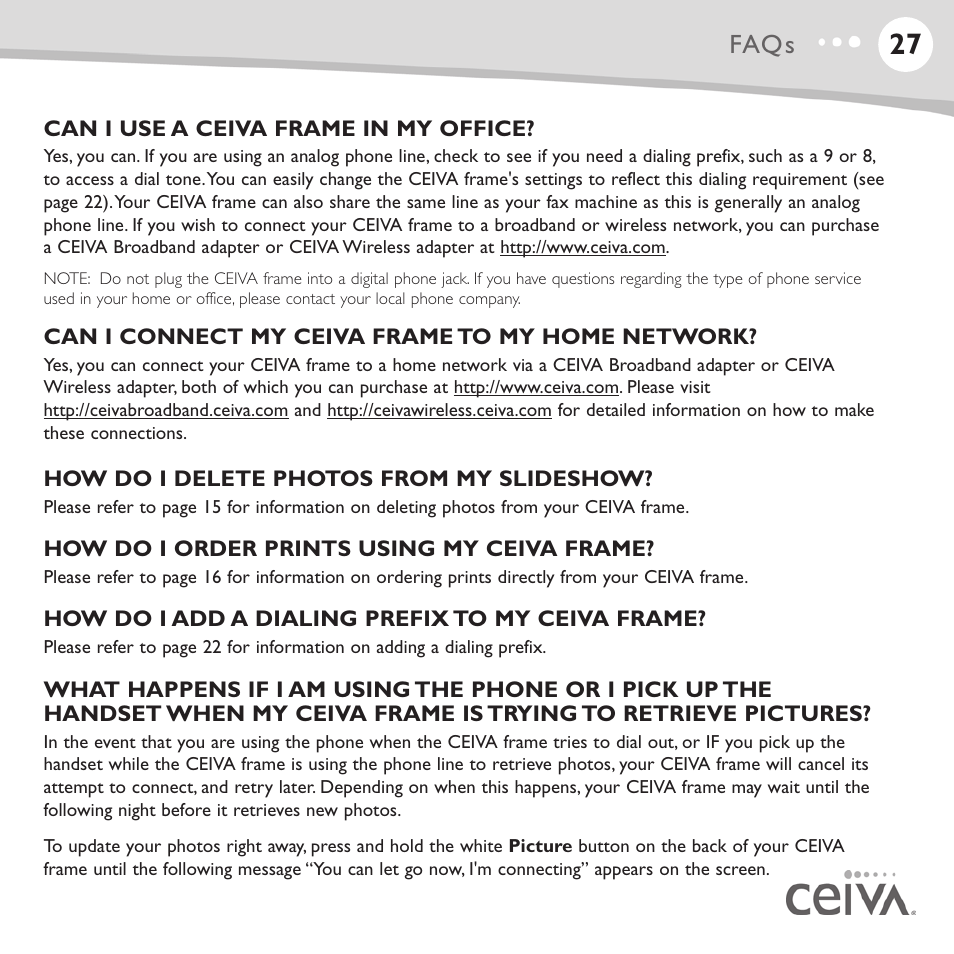 Faqs | Ceiva LF4008 User Manual | Page 28 / 37