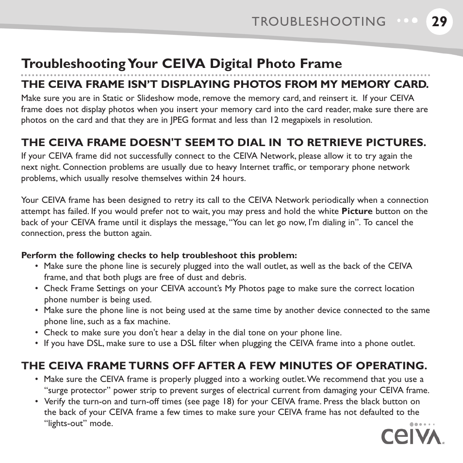 Troubleshooting your ceiva digital photo frame, Troubleshooting | Ceiva LF4008 User Manual | Page 30 / 37