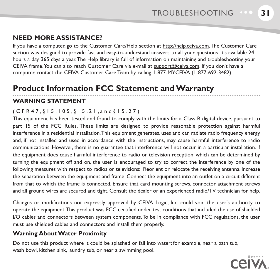 Product information fcc statement and warranty, Troubleshooting | Ceiva LF4008 User Manual | Page 32 / 37