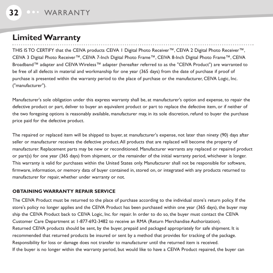 Limited warranty, Warranty | Ceiva LF4008 User Manual | Page 33 / 37