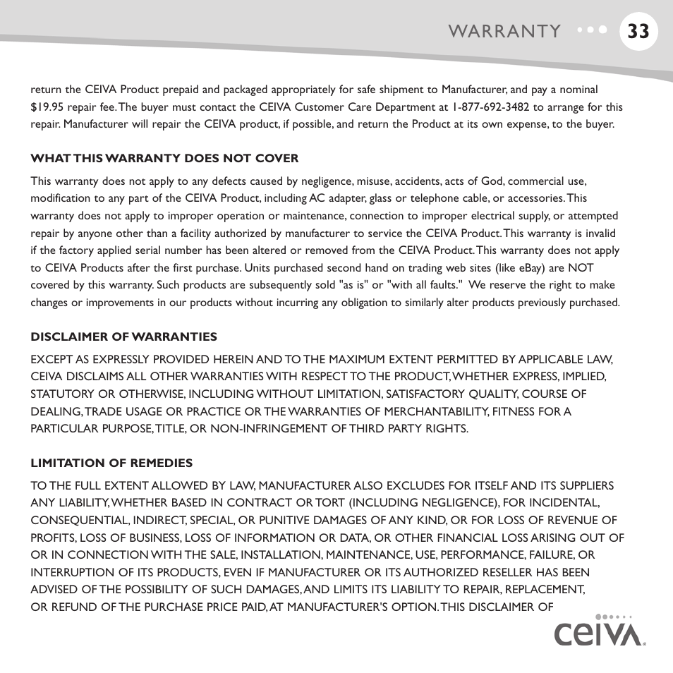 Warranty | Ceiva LF4008 User Manual | Page 34 / 37