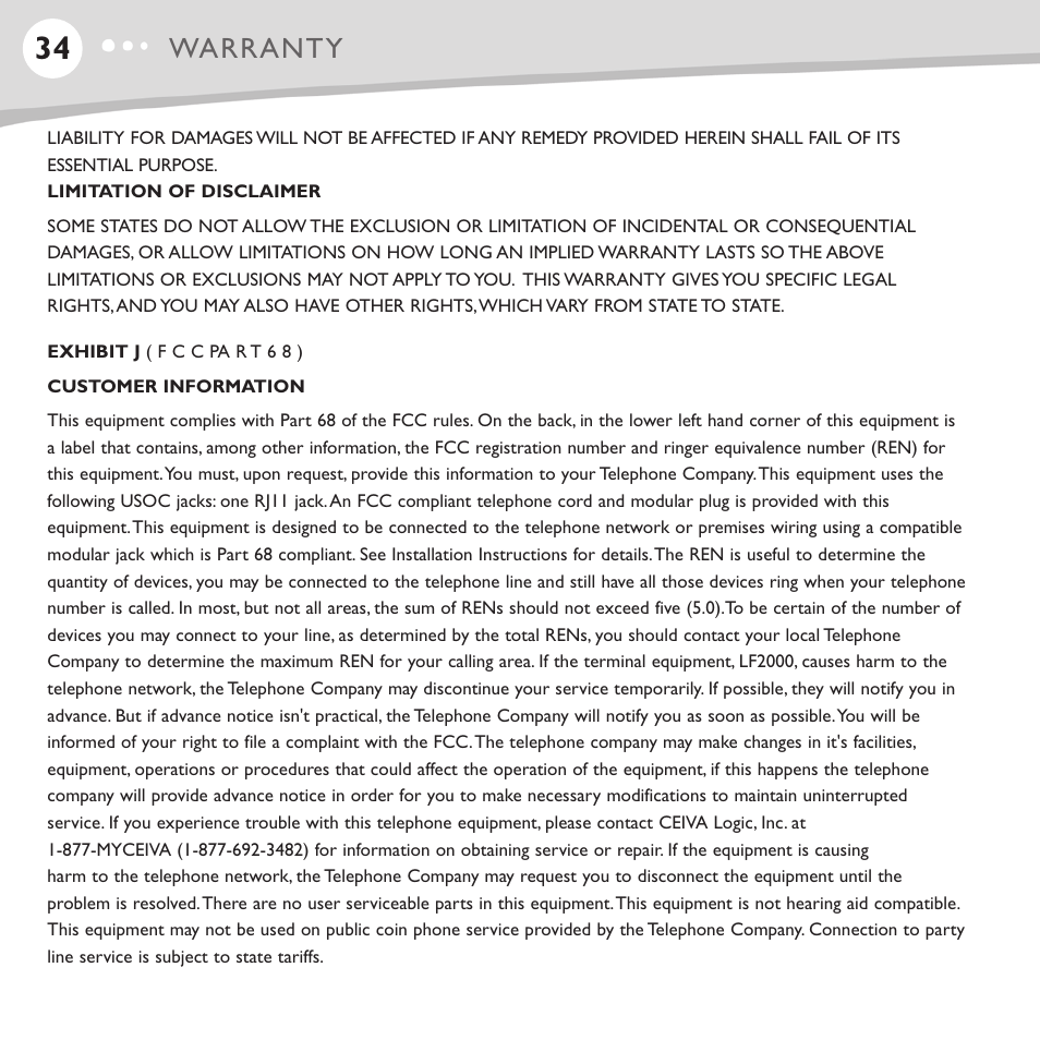 Warranty | Ceiva LF4008 User Manual | Page 35 / 37
