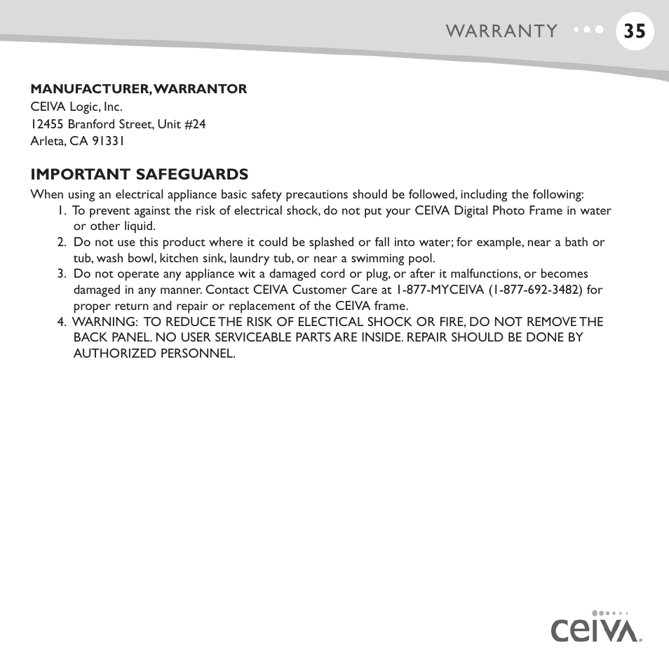 Warranty | Ceiva LF4008 User Manual | Page 36 / 37