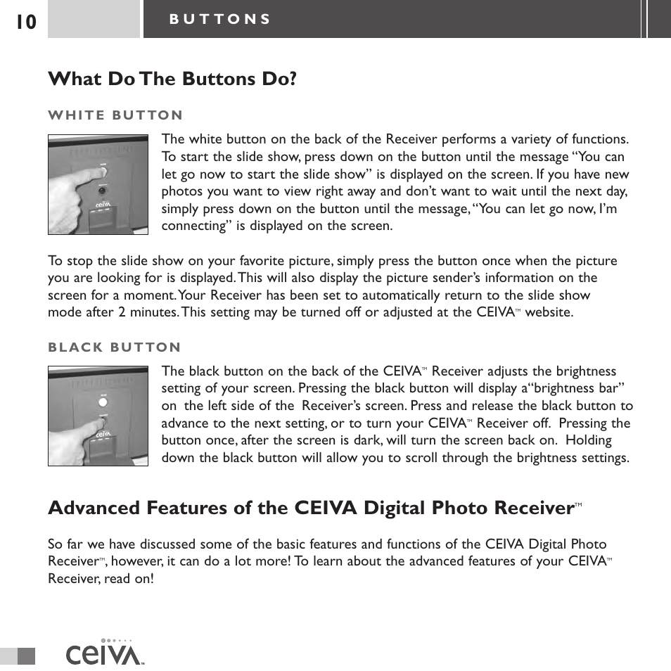 What do the buttons do | Ceiva 3 Digital Photo Receiver LF3000 User Manual | Page 10 / 32