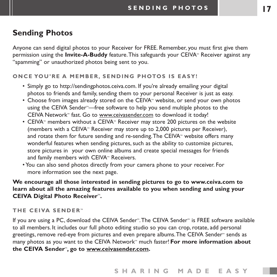 Sending photos, Members without a ceiva, If you are using a pc, download the ceiva sender | The ceiva sender | Ceiva 3 Digital Photo Receiver LF3000 User Manual | Page 17 / 32