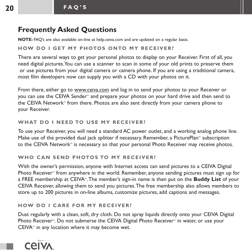 Frequently asked questions | Ceiva 3 Digital Photo Receiver LF3000 User Manual | Page 20 / 32