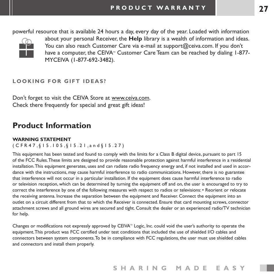 Product information | Ceiva 3 Digital Photo Receiver LF3000 User Manual | Page 27 / 32