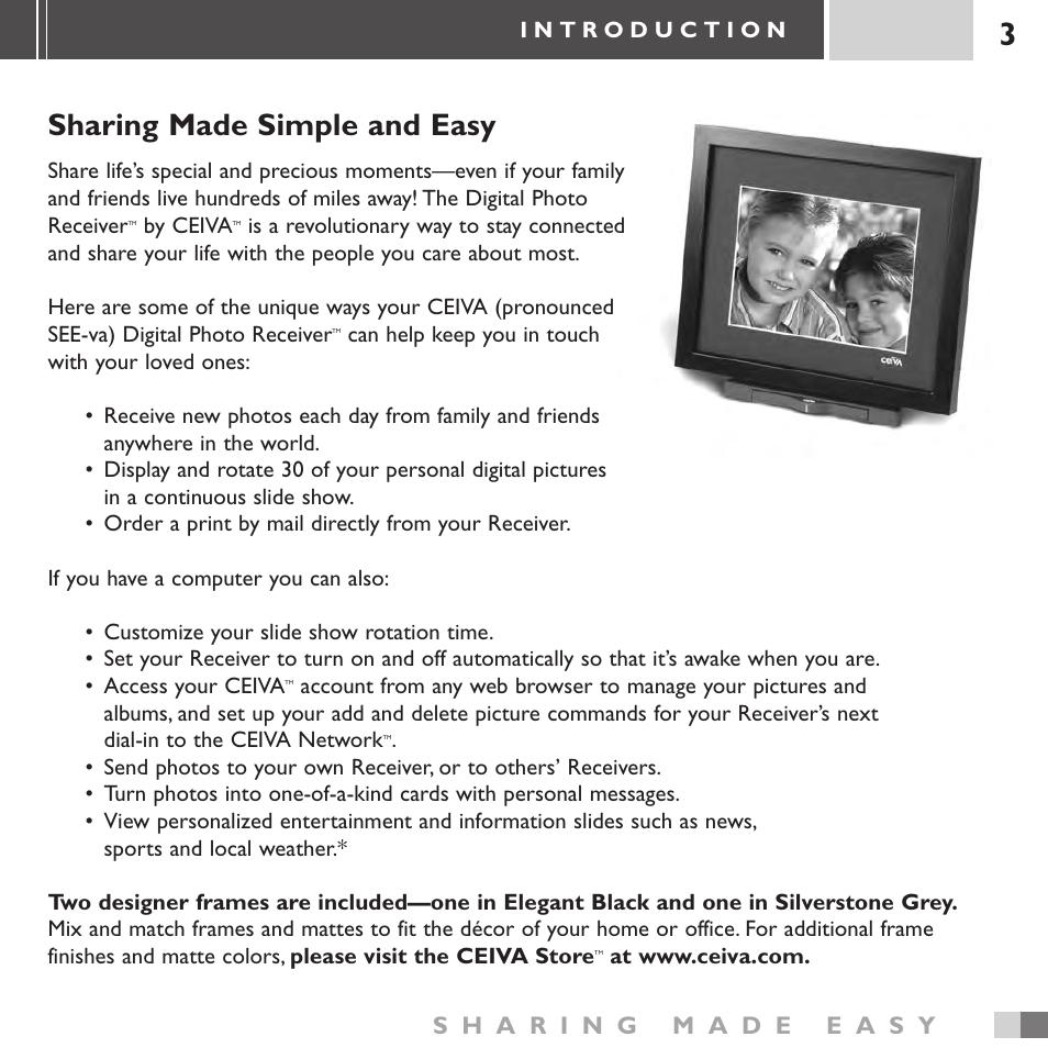 Sharing made simple and easy | Ceiva 3 Digital Photo Receiver LF3000 User Manual | Page 3 / 32