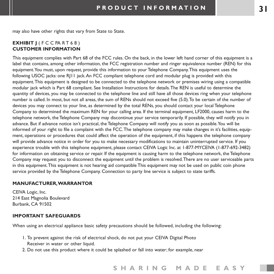 Ceiva 3 Digital Photo Receiver LF3000 User Manual | Page 31 / 32