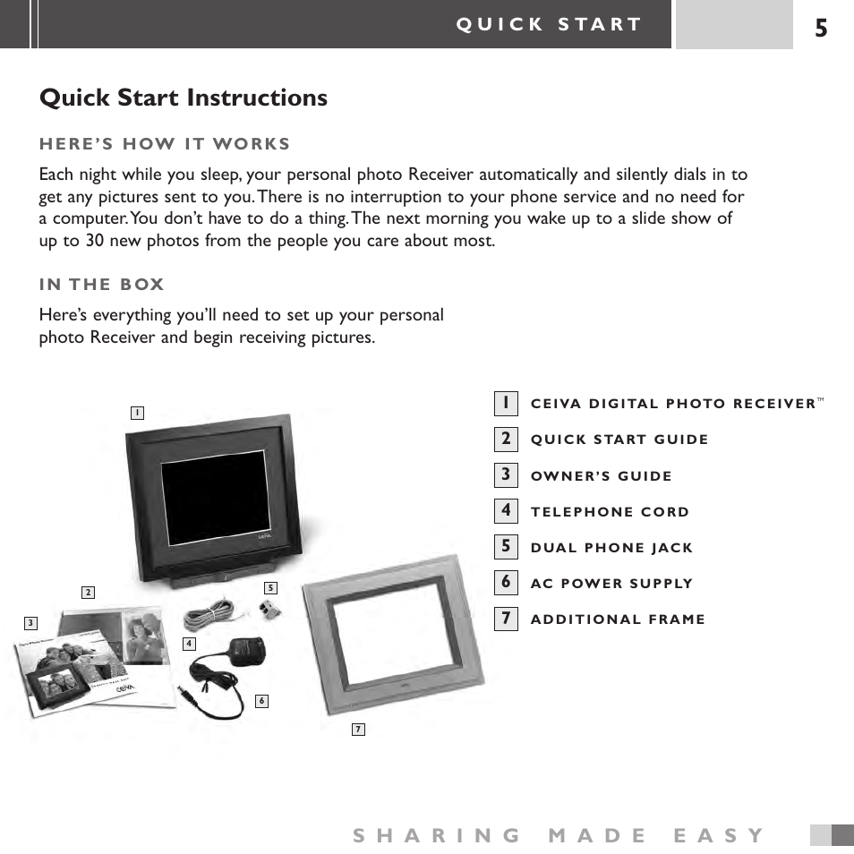 Quick start instructions | Ceiva 3 Digital Photo Receiver LF3000 User Manual | Page 5 / 32