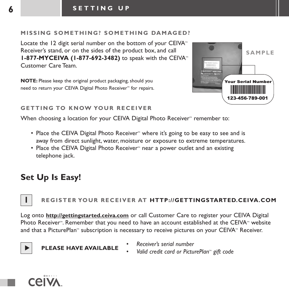 Set up is easy | Ceiva 3 Digital Photo Receiver LF3000 User Manual | Page 6 / 32