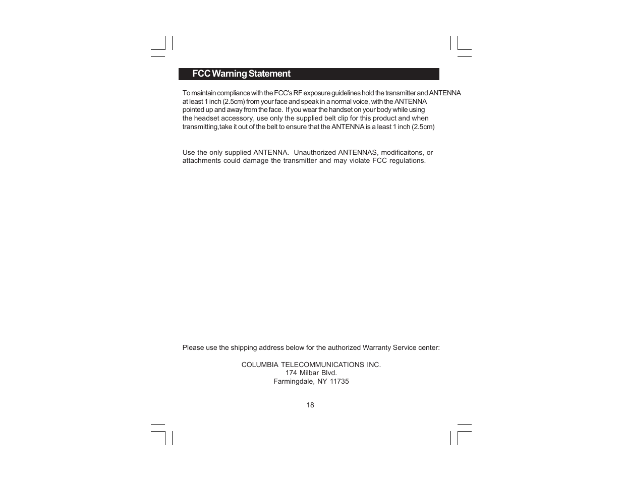 Fcc warning statement | Columbian FRS22SPR User Manual | Page 18 / 20