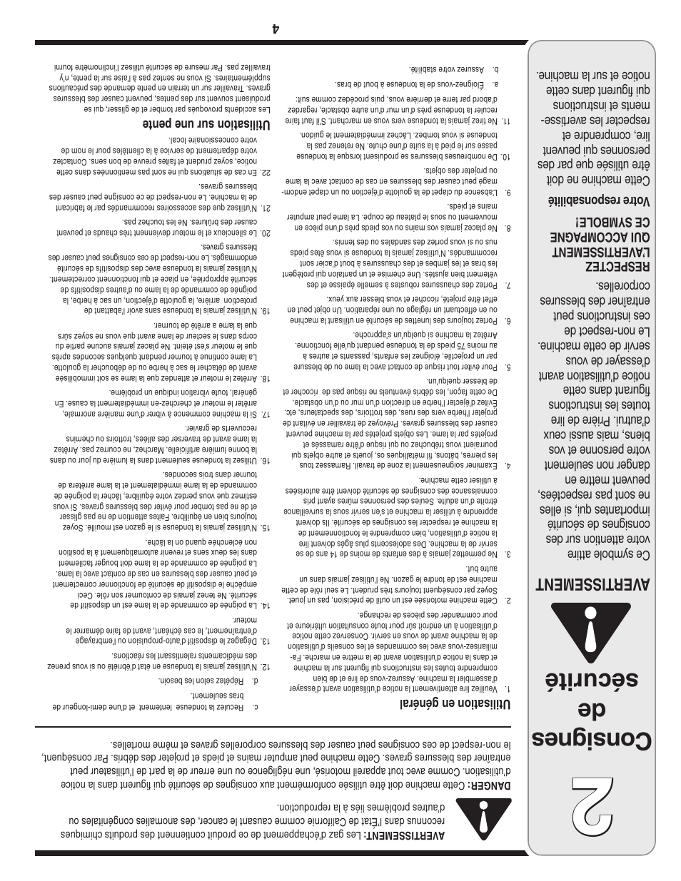 Con sig nes de sécurité, Aver tissement, 4utilisation en général | Utilisation sur une pente | Columbian Home Products 100 User Manual | Page 25 / 28