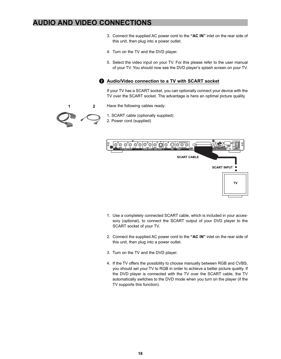 Audio and video connections, Audio/video connection to a tv with scart socket, Scart cable scart input tv | CyberHome Entertainment CH-DVD 635S User Manual | Page 17 / 69