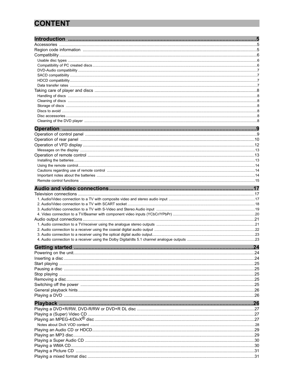 Content | CyberHome Entertainment CH-DVD 635S User Manual | Page 2 / 69