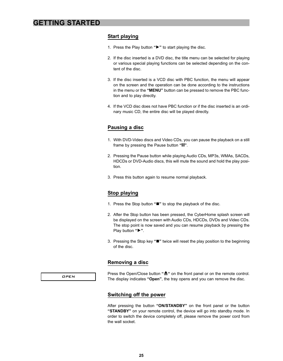 Getting started | CyberHome Entertainment CH-DVD 635S User Manual | Page 24 / 69