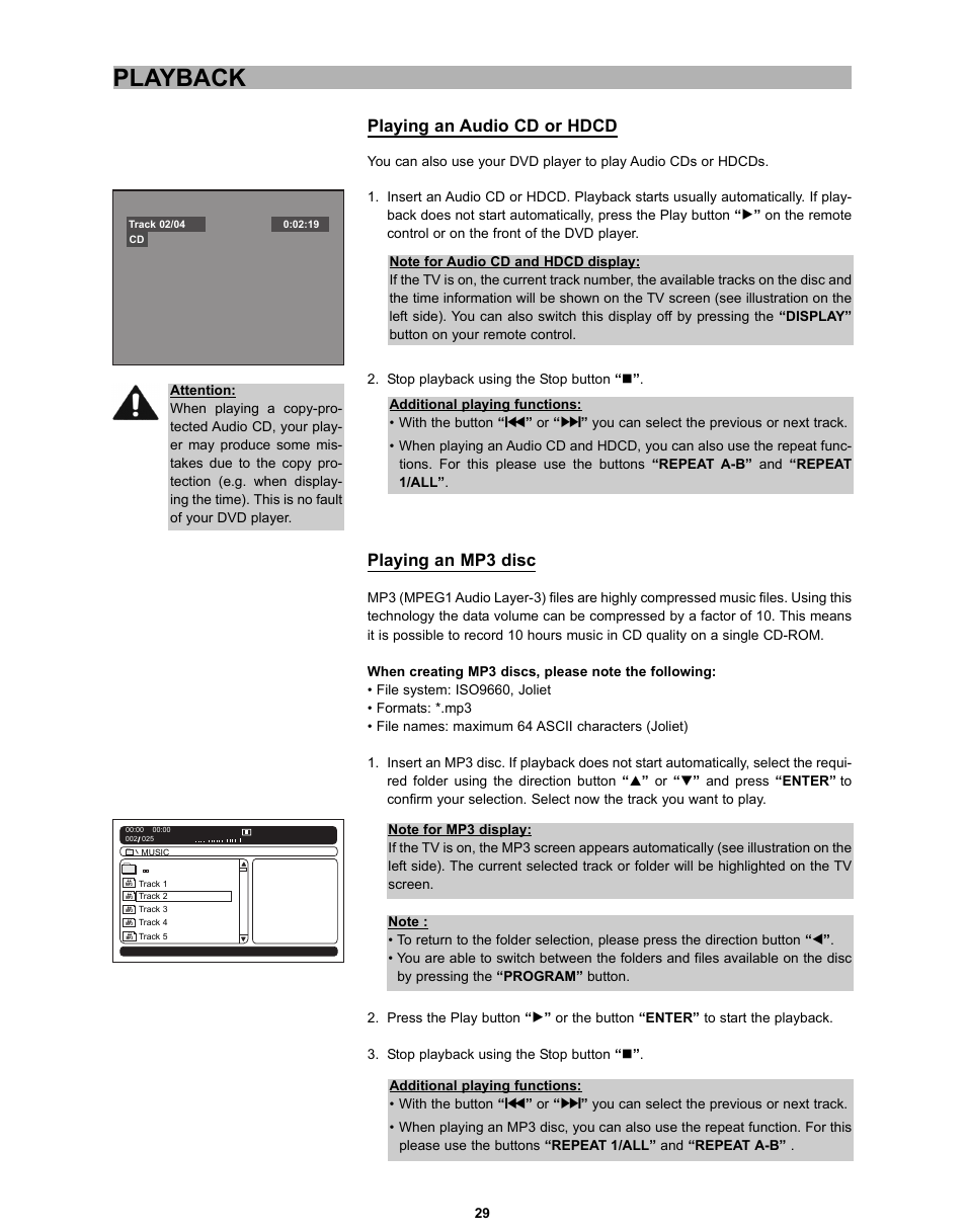 Playback, Playing an audio cd or hdcd, Playing an mp3 disc | CyberHome Entertainment CH-DVD 635S User Manual | Page 28 / 69