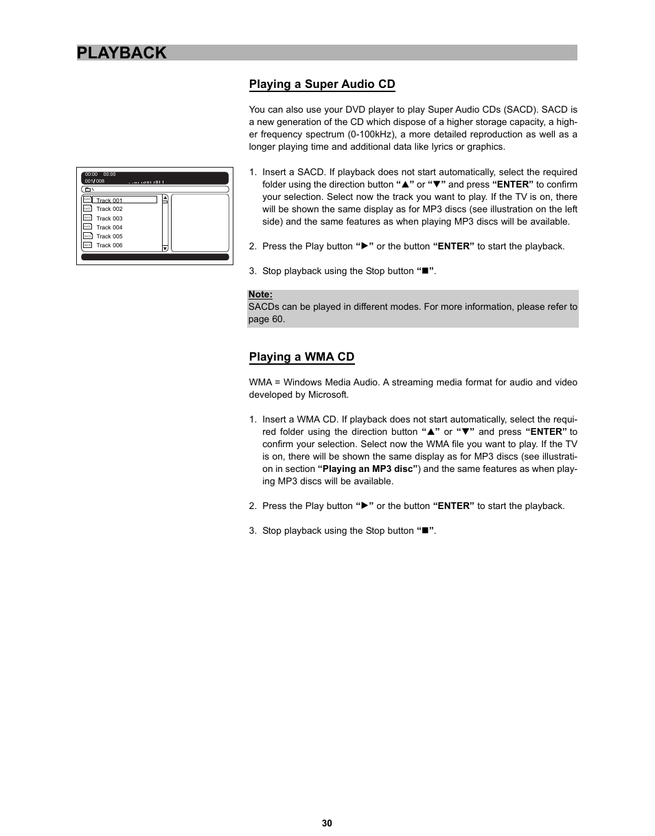 Playback, Playing a super audio cd, Playing a wma cd | CyberHome Entertainment CH-DVD 635S User Manual | Page 29 / 69