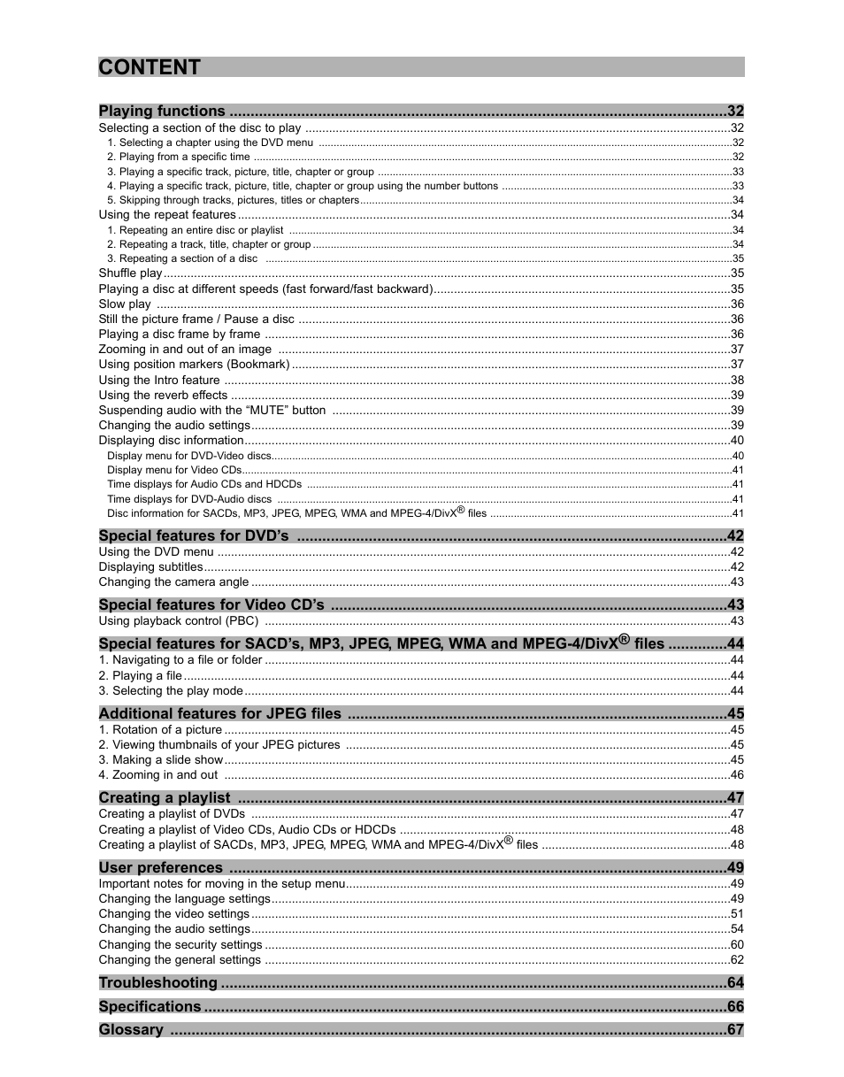 Content | CyberHome Entertainment CH-DVD 635S User Manual | Page 3 / 69