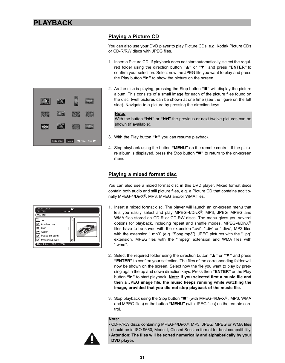 Playback, Playing a picture cd, Playing a mixed format disc | CyberHome Entertainment CH-DVD 635S User Manual | Page 30 / 69