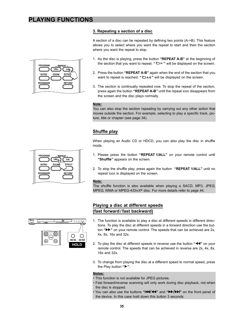 Playing functions, Shuffle play | CyberHome Entertainment CH-DVD 635S User Manual | Page 34 / 69