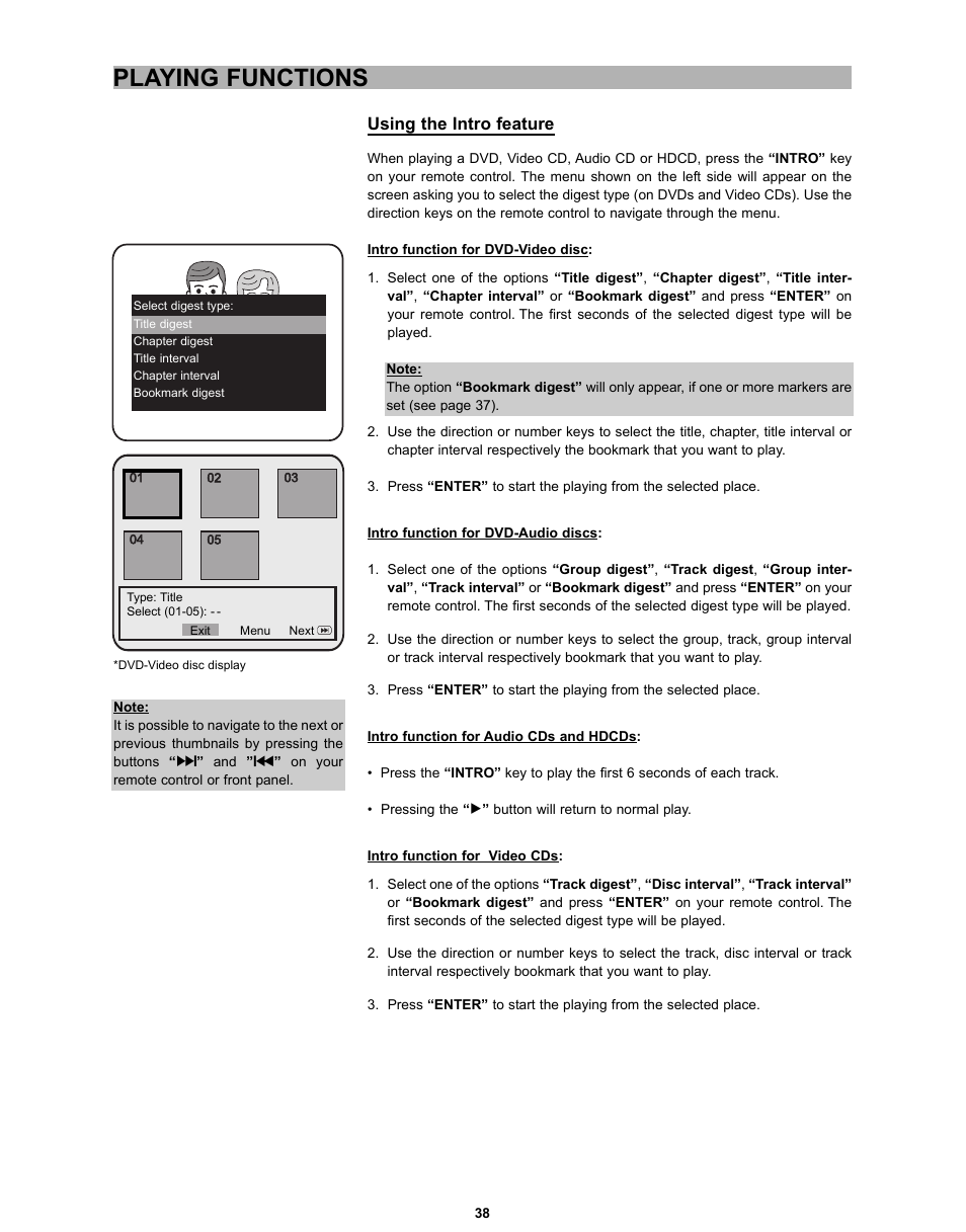 Playing functions, Using the intro feature | CyberHome Entertainment CH-DVD 635S User Manual | Page 37 / 69