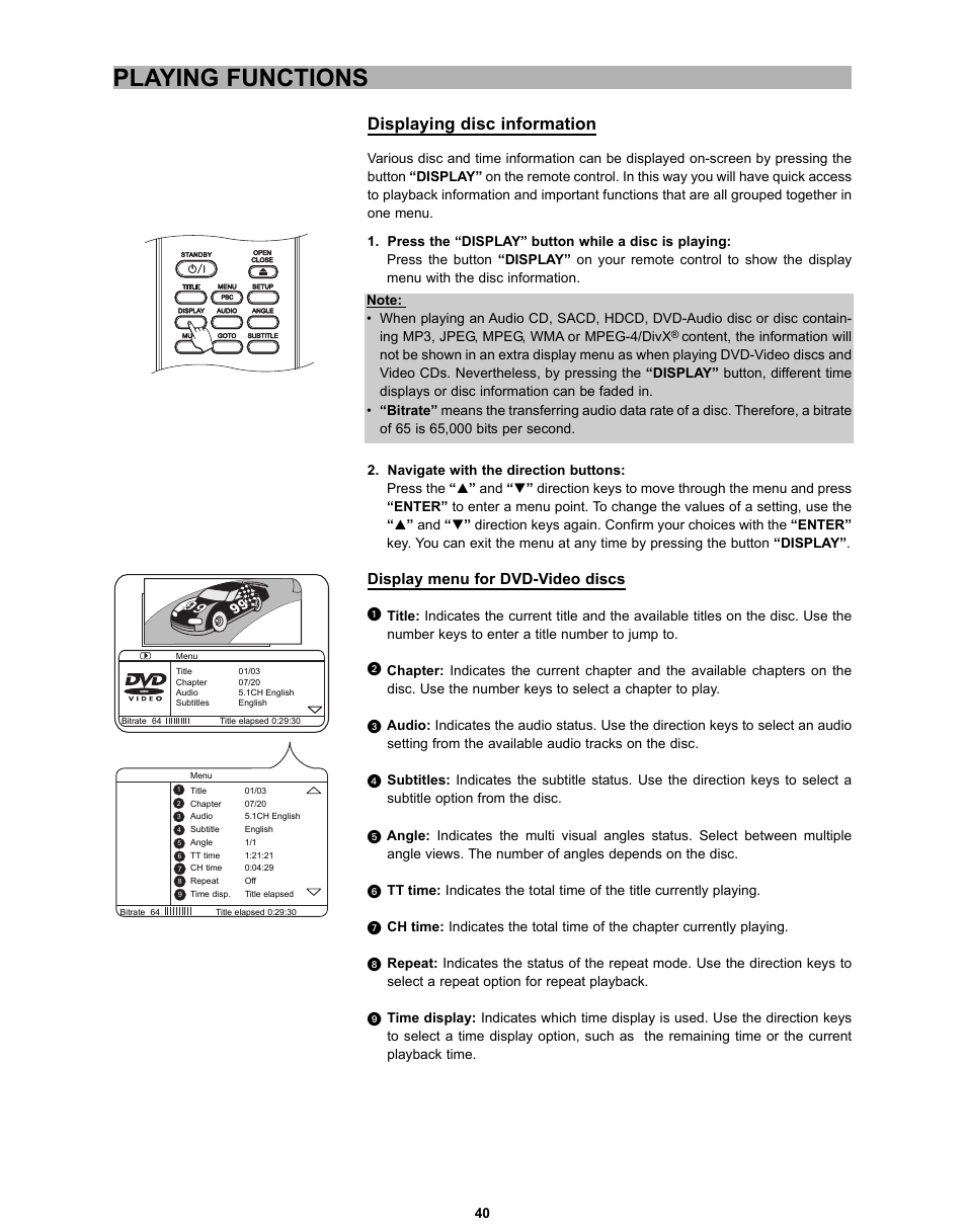 Playing functions, Displaying disc information, Display menu for dvd-video discs | CyberHome Entertainment CH-DVD 635S User Manual | Page 39 / 69