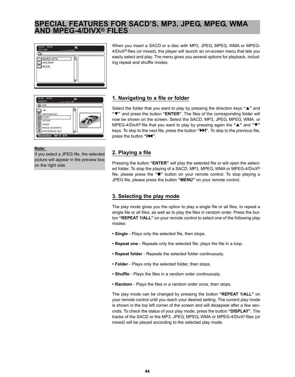 Files, Navigating to a file or folder, Playing a file | Selecting the play mode | CyberHome Entertainment CH-DVD 635S User Manual | Page 43 / 69