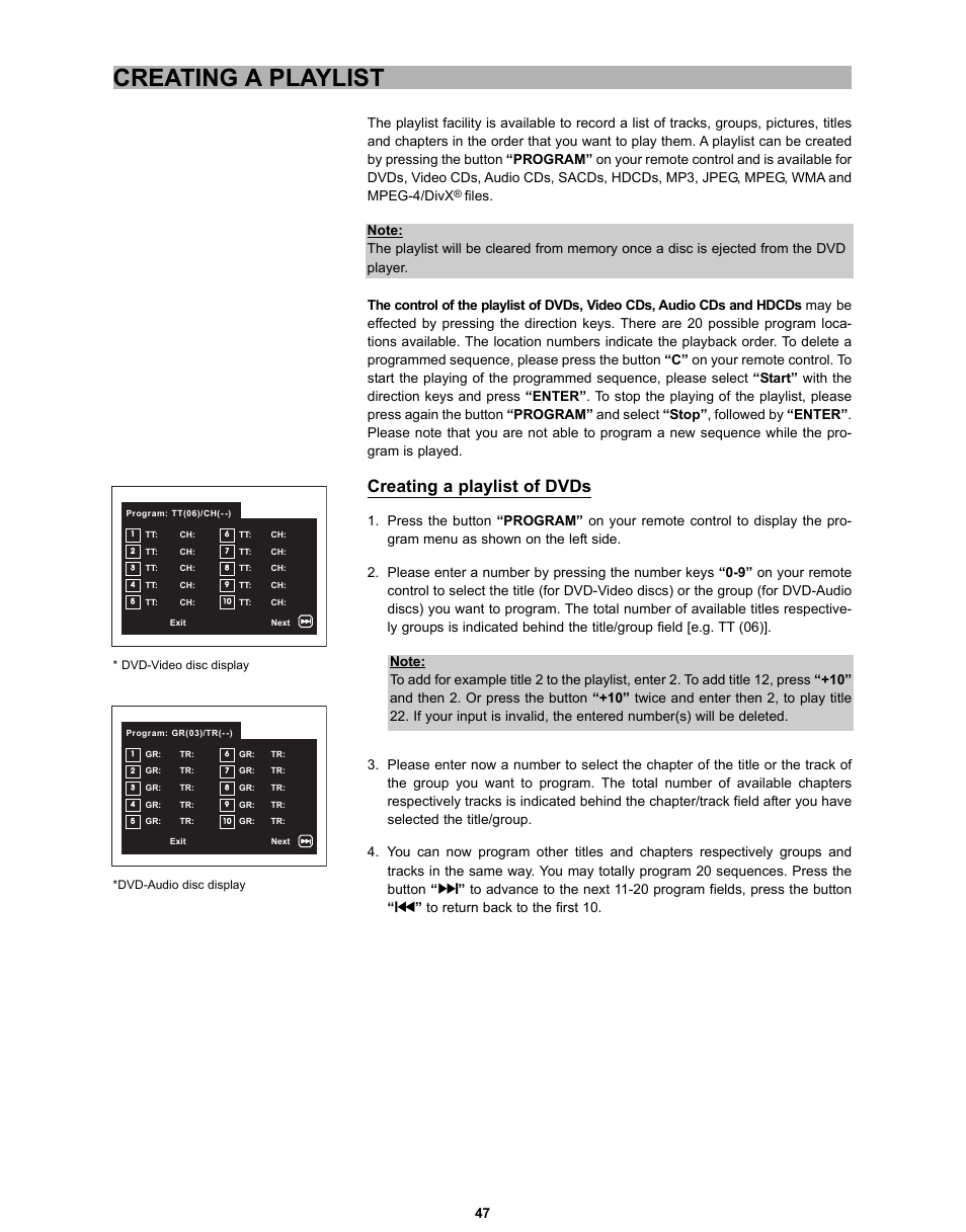 Creating a playlist, Creating a playlist of dvds | CyberHome Entertainment CH-DVD 635S User Manual | Page 46 / 69