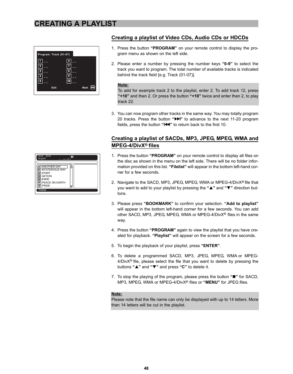 Creating a playlist, Files | CyberHome Entertainment CH-DVD 635S User Manual | Page 47 / 69