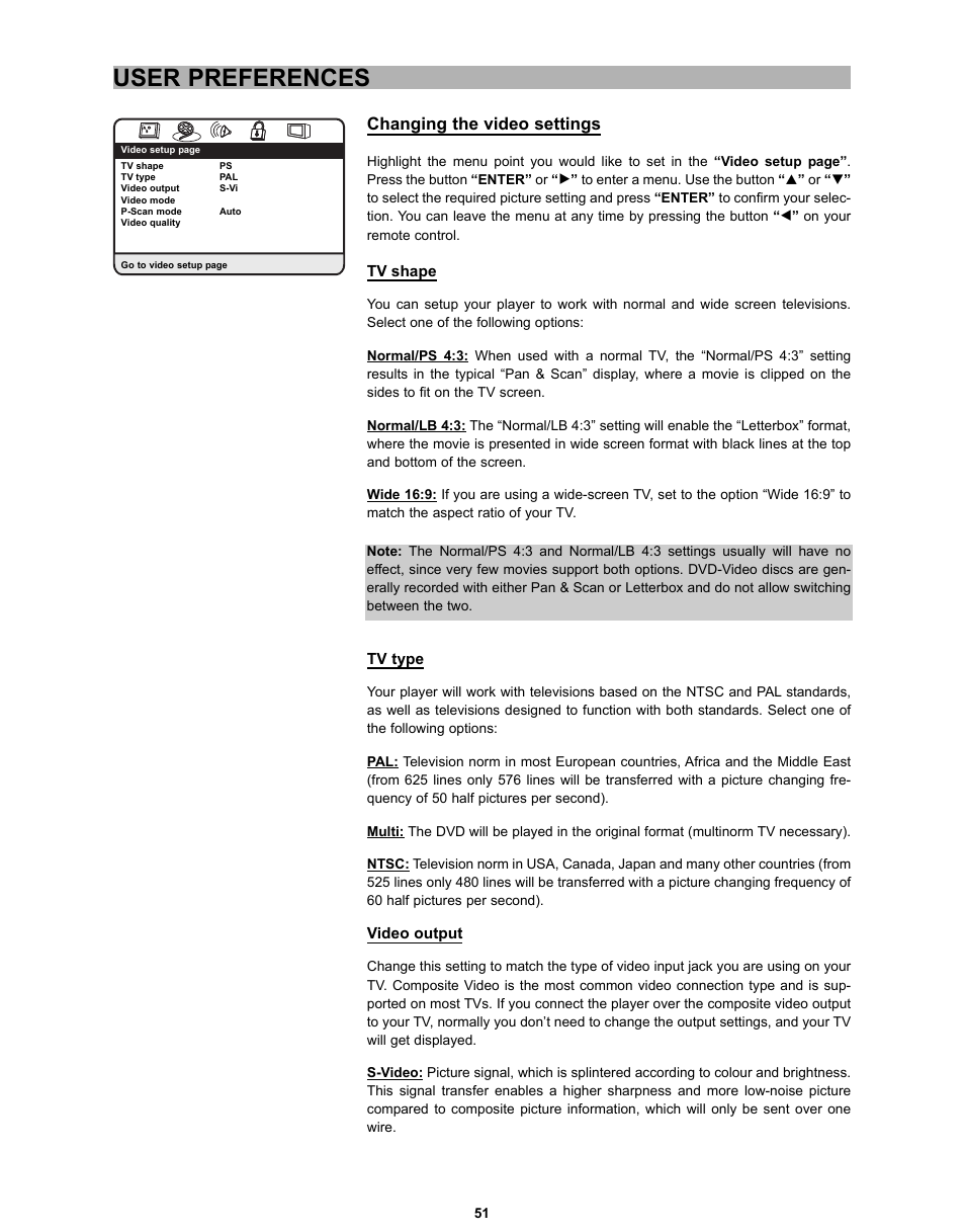 User preferences, Changing the video settings | CyberHome Entertainment CH-DVD 635S User Manual | Page 50 / 69