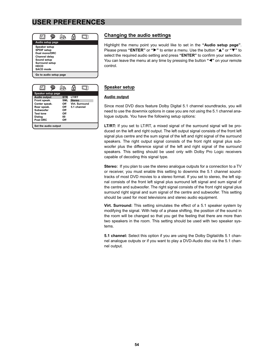 User preferences, Changing the audio settings, Speaker setup | CyberHome Entertainment CH-DVD 635S User Manual | Page 53 / 69