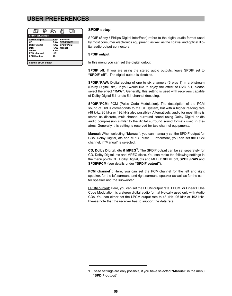 User preferences, Spdif setup | CyberHome Entertainment CH-DVD 635S User Manual | Page 55 / 69