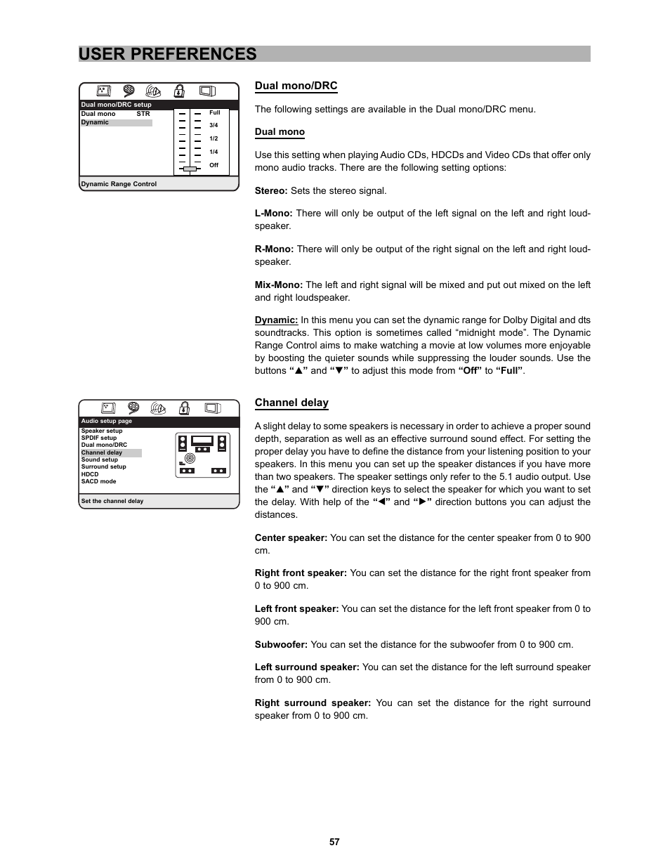 User preferences, Dual mono/drc, Channel delay | CyberHome Entertainment CH-DVD 635S User Manual | Page 56 / 69