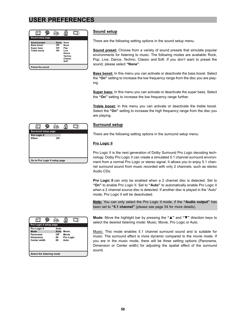 User preferences, Sound setup, Surround setup | CyberHome Entertainment CH-DVD 635S User Manual | Page 57 / 69