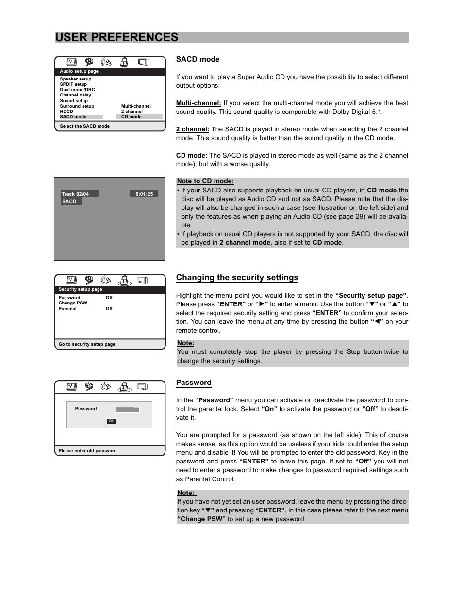 User preferences, Changing the security settings, Sacd mode | Password | CyberHome Entertainment CH-DVD 635S User Manual | Page 59 / 69